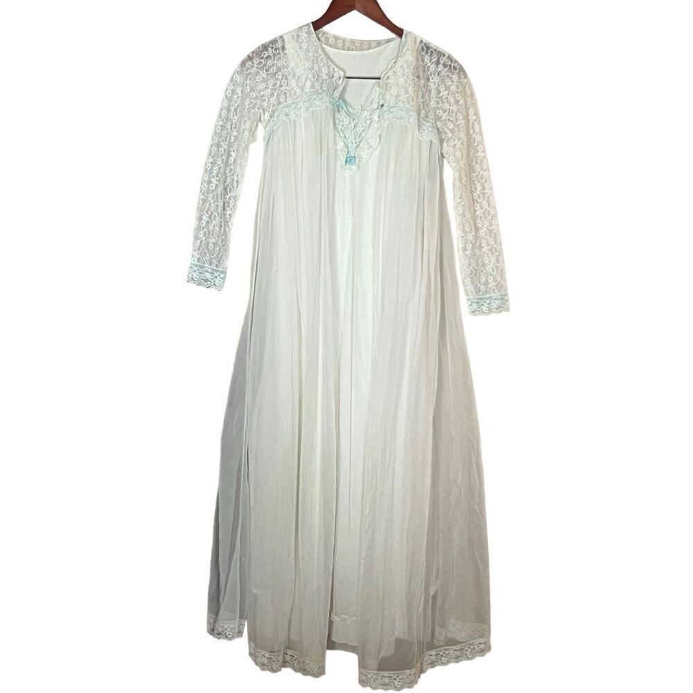 Vintage Miss Elaine 70’s lace nightgown set duster lace sleeves pinafore petite